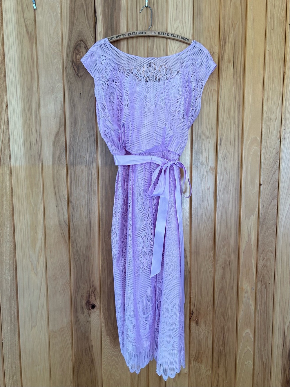 Vintage Lilac Lace Open Back Maxi Dress with Scalloped Hem, JC Penney